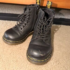 Dr. Martens Kids Black Lace-Up Combat Boots with Yellow Stitching Accent